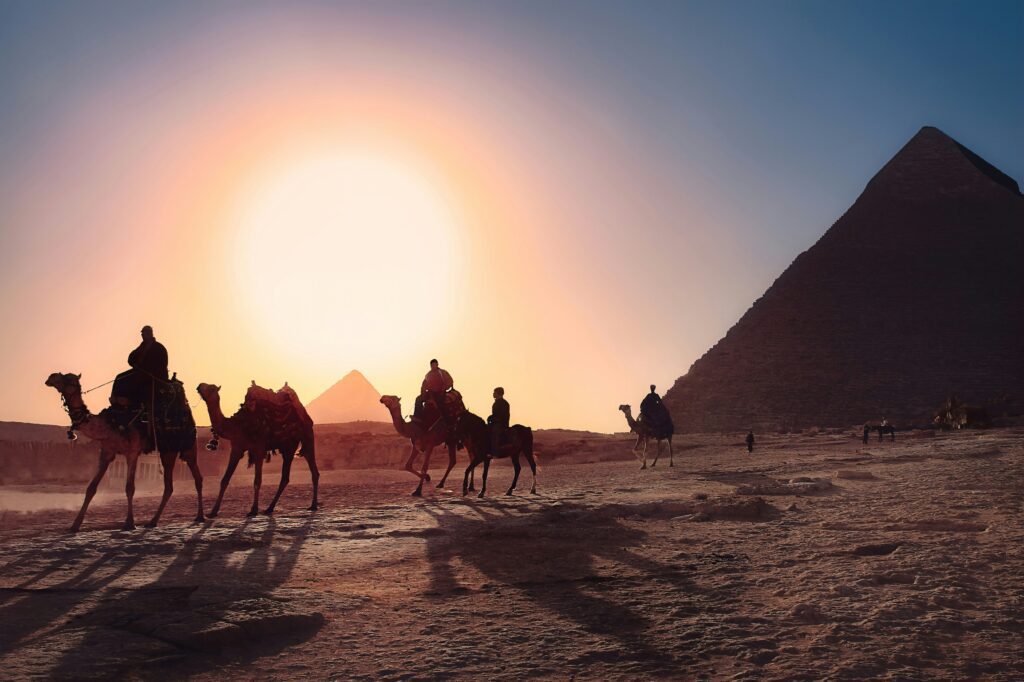 Sunset view of the Great Giza Pyramids 