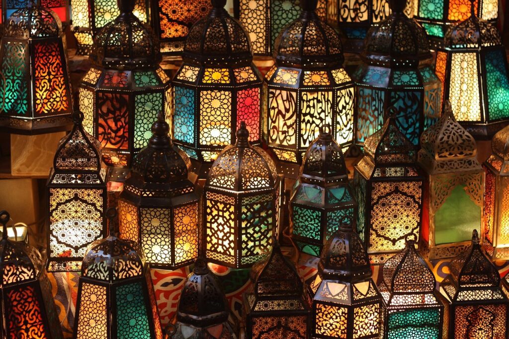 ornate glass lamps etched with Quranic verses and geometric patterns. Cairo, Egypt Ramadan traditions